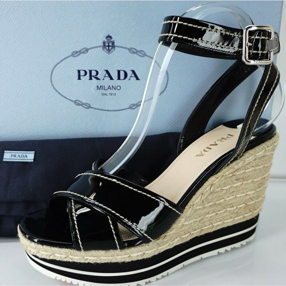 Prada Patent Ankle Strap Platform Espadrille Wedge Sandals